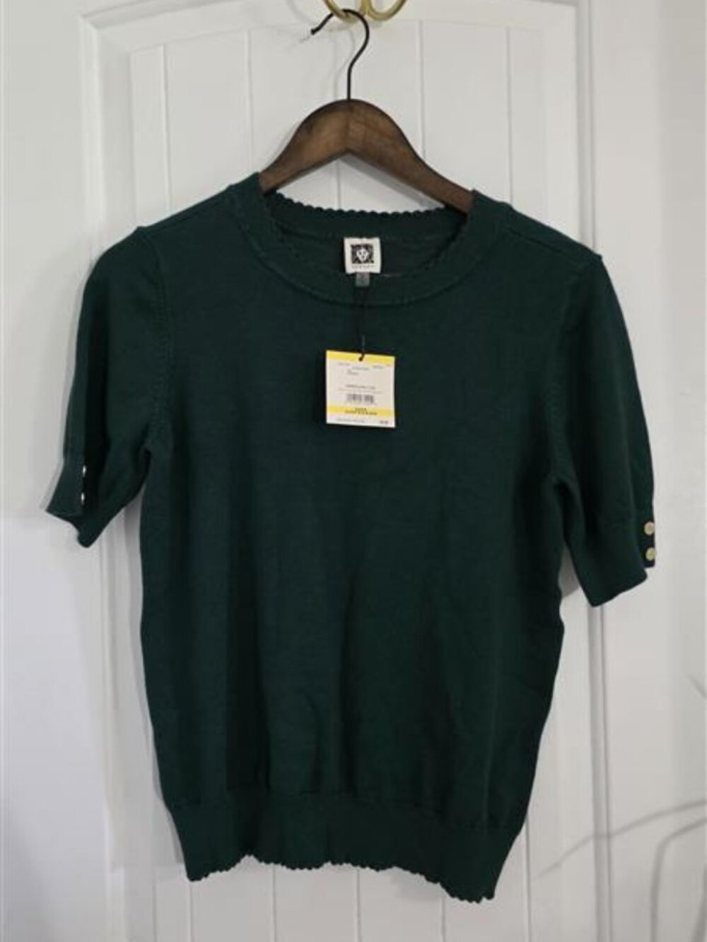 NWT Anne Klein Botanical Green Short Sleeve Sweater Top Gold Buttons M - Picture 7 of 10